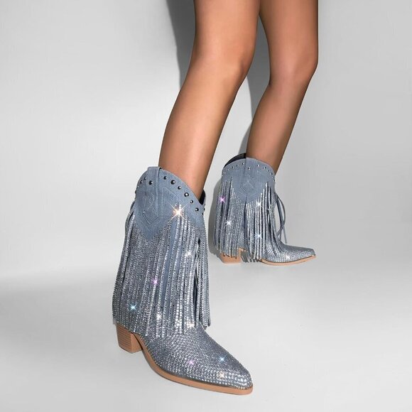 ✨ Sexytag Cowgirl Boots Women Grey Synthetic Sparkly Wide Calf Western Boots - Picture 4 of 6